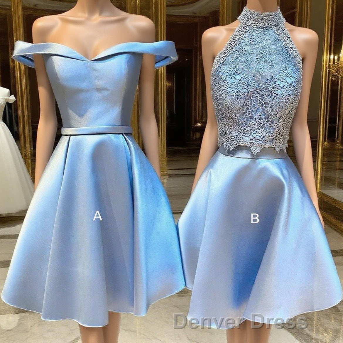 Blue lace satin short cocktail Dress, blue homecoming Dresses Main image