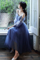 Blue Lace Short A-Line Prom Dress, Blue Spaghetti Strap Evening Party Dress