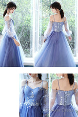 Blue Lace Short A-Line Prom Dress, Blue Spaghetti Strap Evening Party Dress