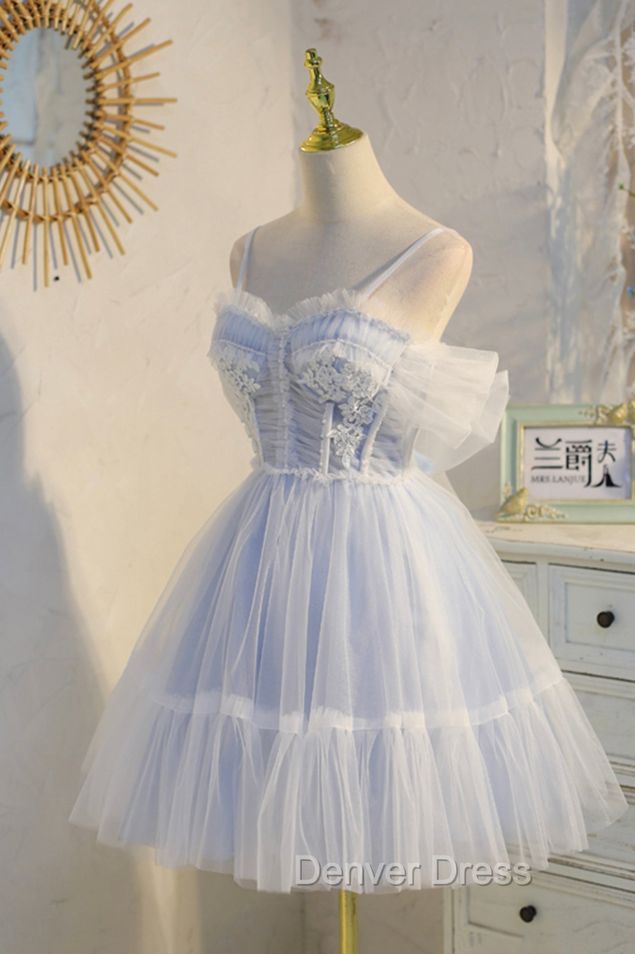 Blue Lace Short A-Line Prom Dresses, Blue Spaghetti Straps Homecoming Party Dresses