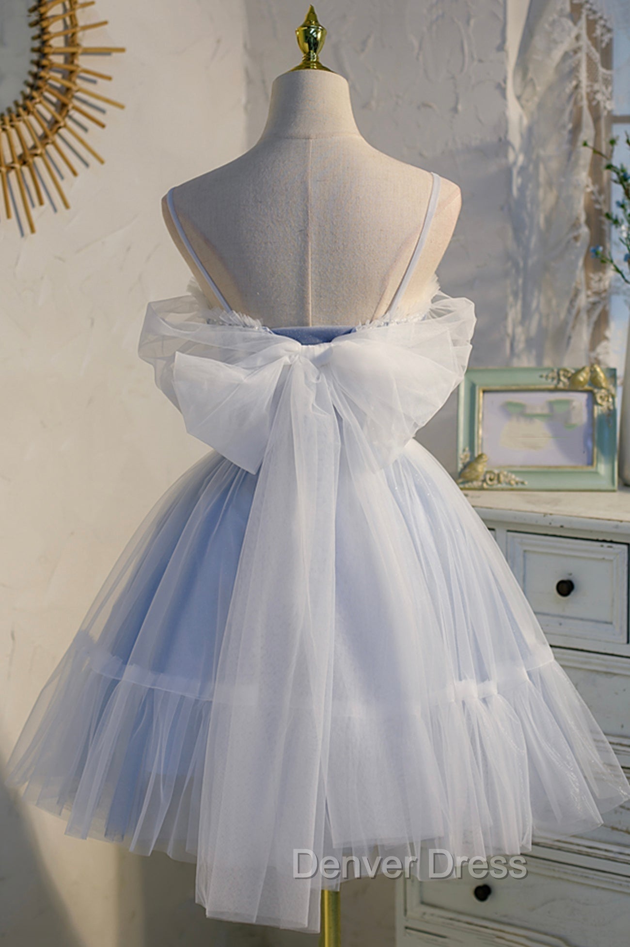 Blue Lace Short A-Line Prom Dresses, Blue Spaghetti Straps Homecoming Party Dresses