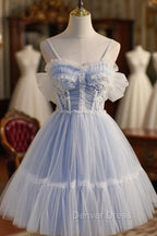 Blue Lace Short A-Line Prom Dresses, Blue Spaghetti Straps Homecoming Party Dresses