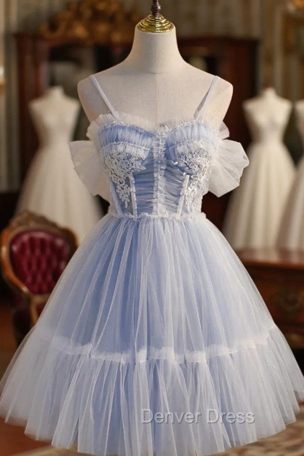 Blue Lace Short A-Line Prom Dresses, Blue Spaghetti Straps Homecoming Party Dresses