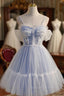 Blue Lace Short A-Line Prom Dresses, Blue Spaghetti Straps Homecoming Party Dresses