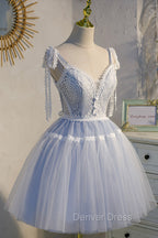 Blue Lace Short A Line Prom Dress, Cute V Neck Homecoming Prom Dresses