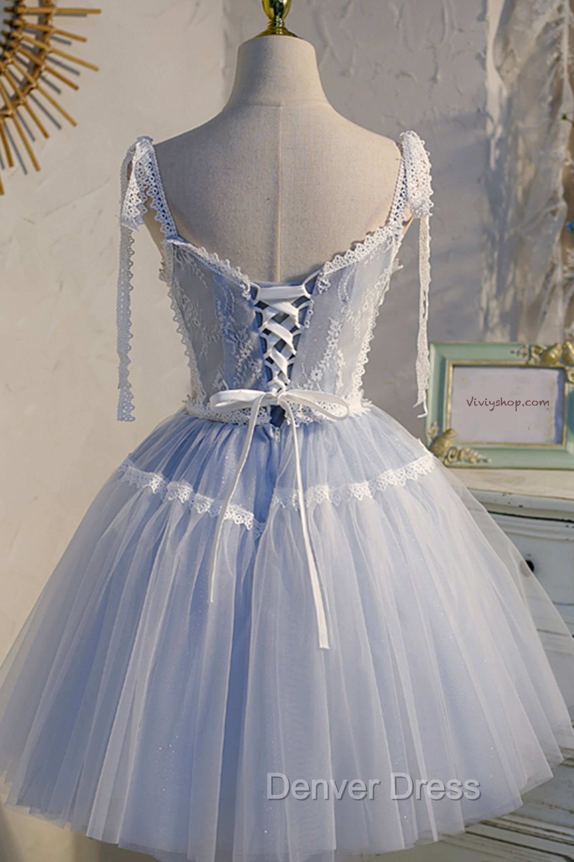 Blue Lace Short A Line Prom Dress, Cute V Neck Homecoming Prom Dresses