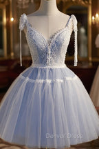 Blue Lace Short A-Line Prom Dresses, Cute V-Neck Homecoming Party Dresses
