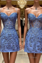 Blue Lace Short Prom Dress, Blue Homecoming Dresses