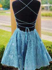 Blue Lace Short Prom Dress, Blue Lace Homecoming Dress