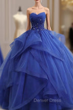 Blue Lace Strapless Ball Gown Formal Dresses, Blue Long Sweet 16 Dresses