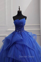 Blue Lace Strapless Ball Gown Formal Dresses, Blue Long Sweet 16 Dresses