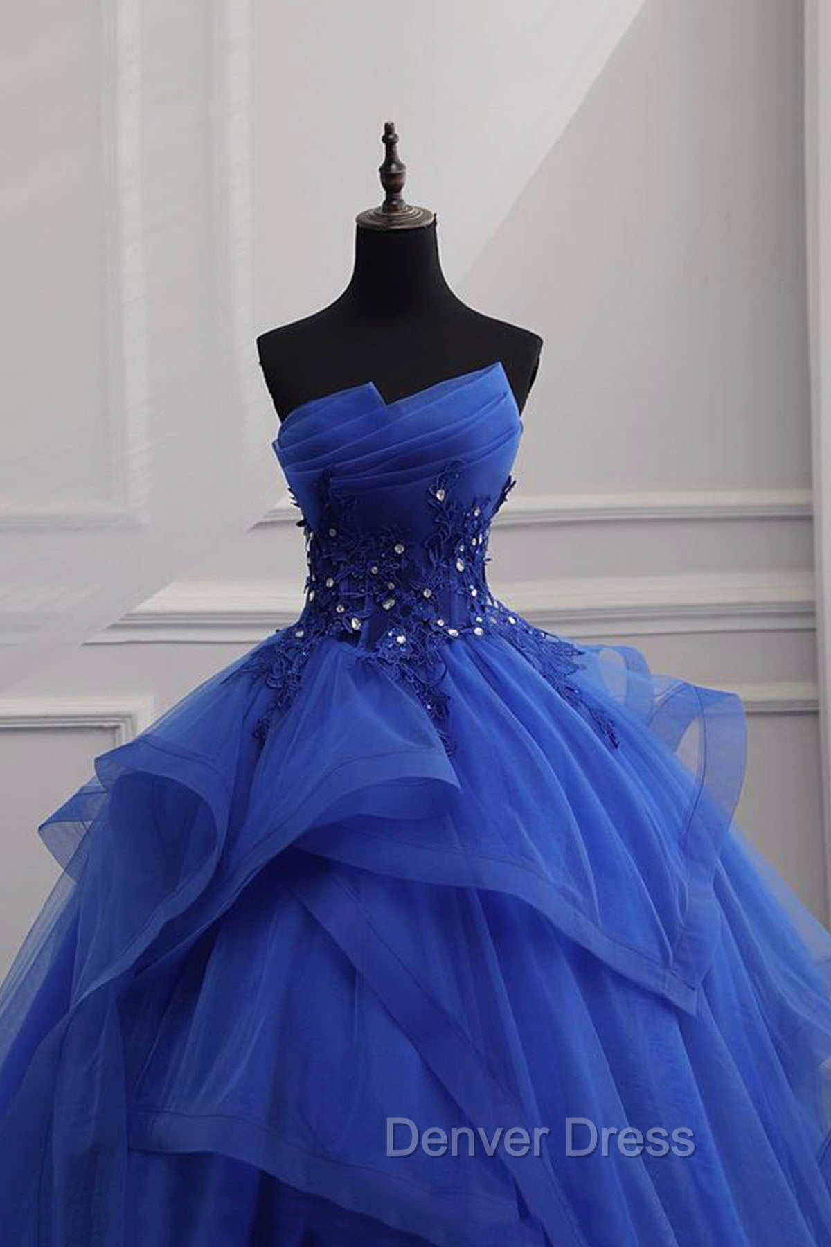 Blue Lace Strapless Ball Gown Formal Dresses, Blue Long Sweet 16 Dresses