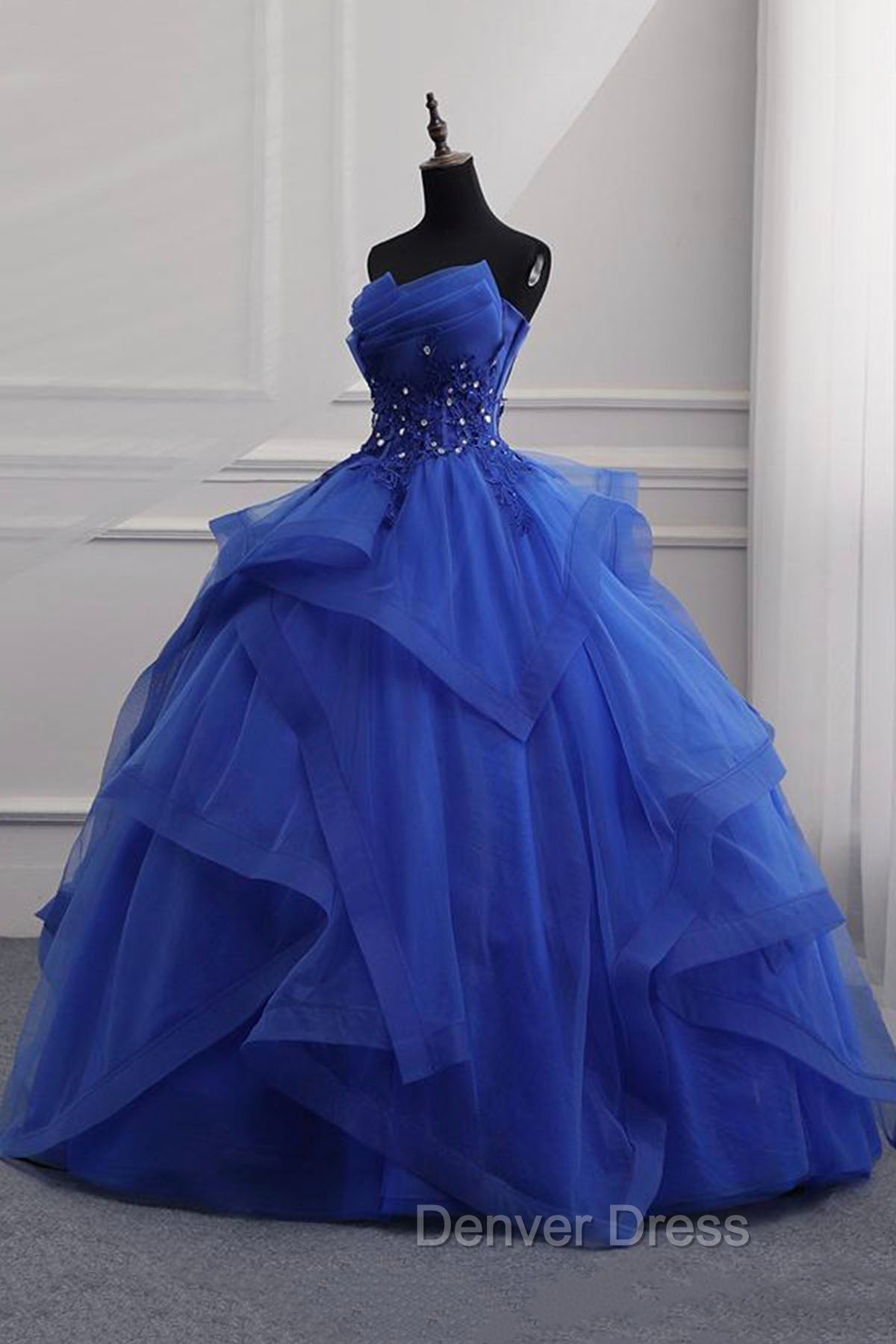 Blue Lace Strapless Ball Gown Formal Dresses, Blue Long Sweet 16 Dresses