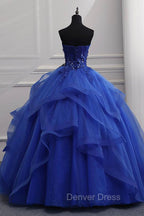 Blue Lace Strapless Ball Gown Formal Dresses, Blue Long Sweet 16 Dresses