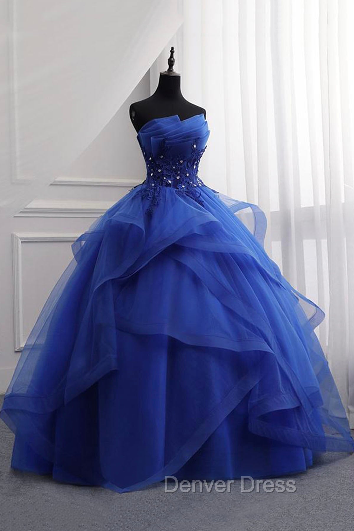 Blue Lace Strapless Ball Gowns Prom Dress, Blue Long Sweet 16 Dresses Main image