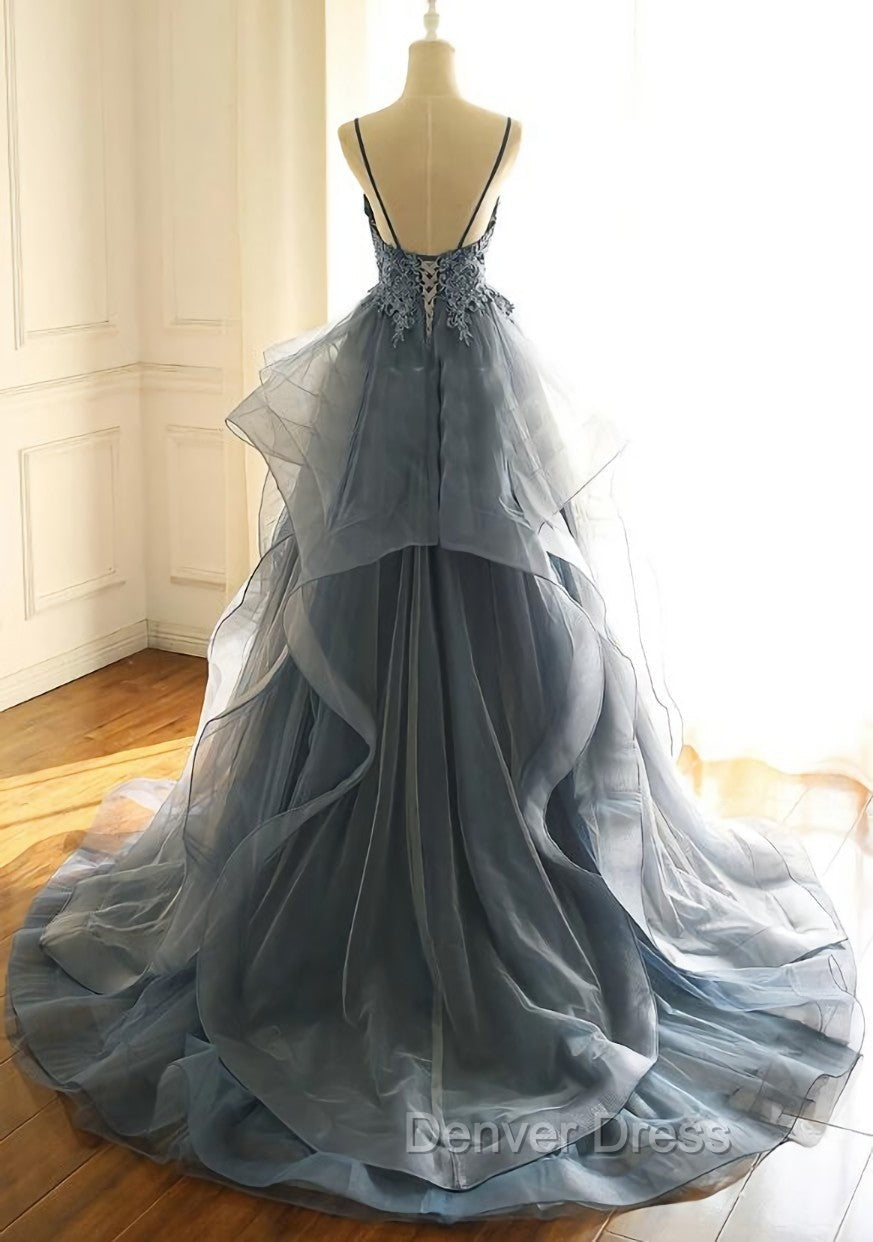 Blue Lace Top with Layers Tulle Prom Dresses, New Straps Prom Gowns Secondary image