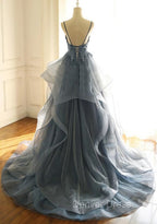 Blue Lace Top with Layers Tulle Prom Dresses, New Straps Prom Gowns
