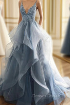 Blue Lace Top with Layers Tulle Prom Dresses, New Straps Evening Gown