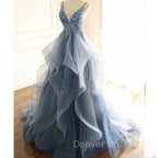 Blue Lace Top with Layers Tulle Prom Dresses, New Straps Prom Gowns