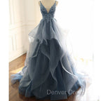 Blue Lace Top with Layers Tulle Prom Dresses, New Straps Evening Gown