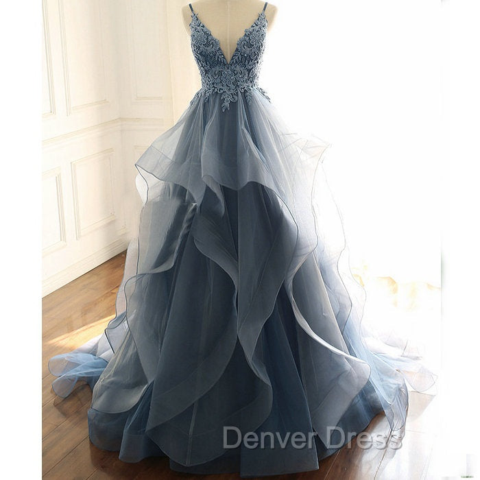 Blue Lace Top with Layers Tulle Prom Dresses, New Straps Evening Gown