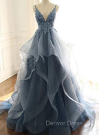 Blue Lace Top with Layers Tulle Prom Dresses, New Straps Evening Gown