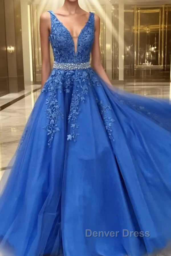 Blue lace tulle long prom Dress, blue tulle lace Prom Dresses