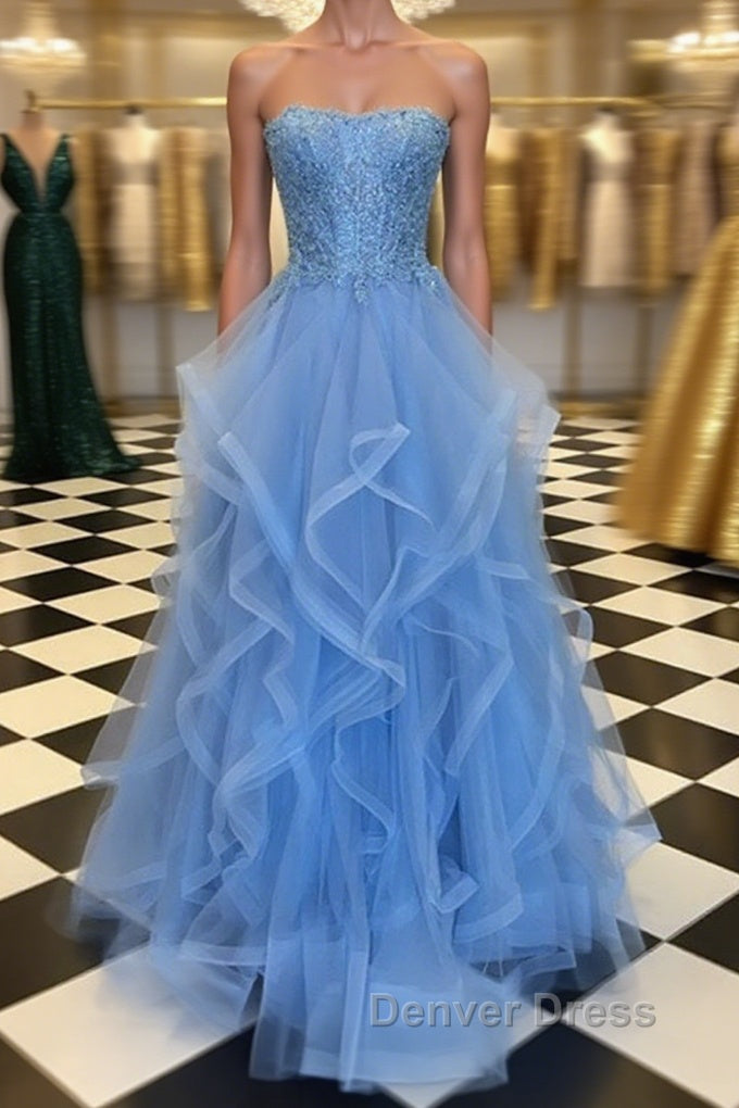 Blue Lace Tulle Long Prom Dress, Blue Lace Ball Gowns, Blue Lace Prom Dress Main image