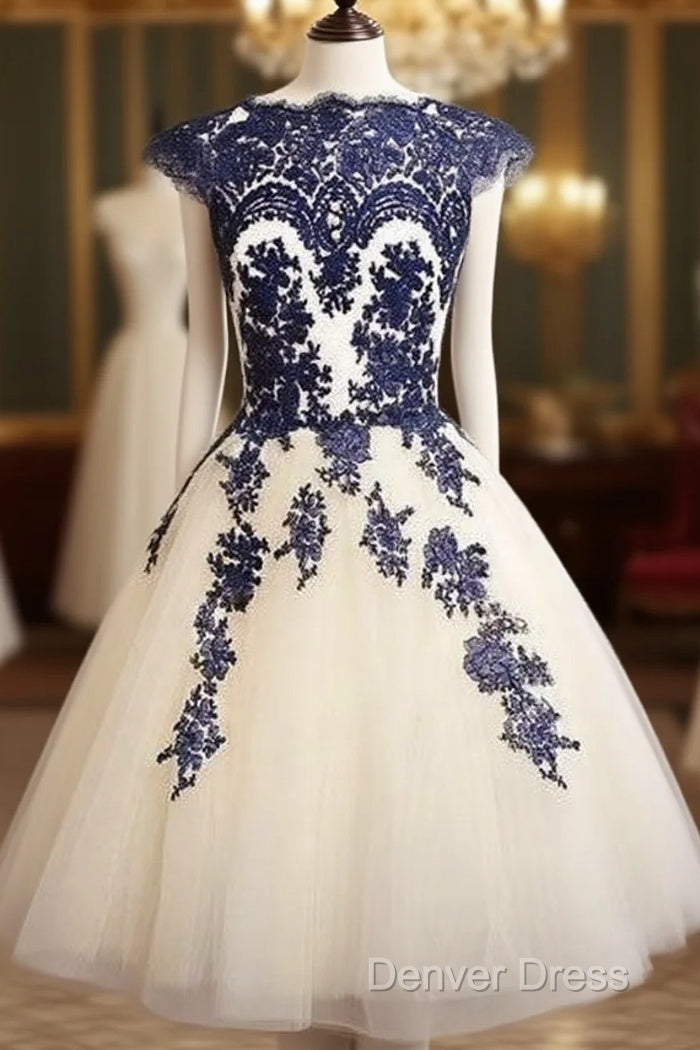 Blue Lace Tulle Short Prom Dresses, Homecoming Dresses, Bridesmaid Dresses