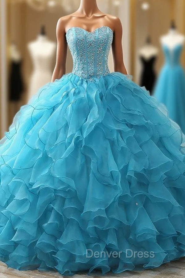Blue Lace up Back Ball Gown Beading Crystal Birthday Dresses Main image