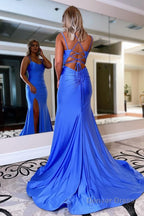 Blue Lace Up Prom Dresses With Slit