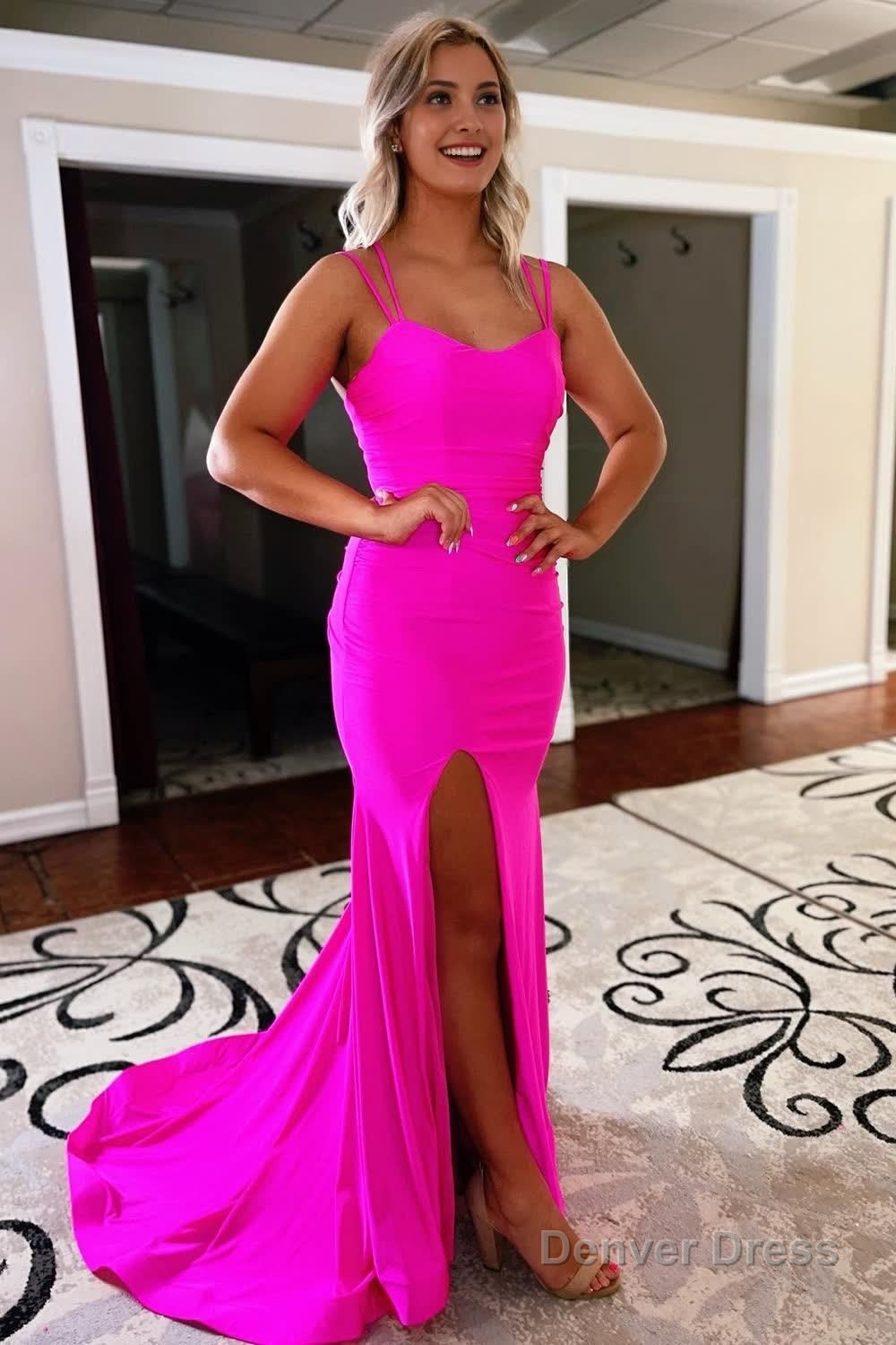 Blue Lace Up Prom Dresses With Slit