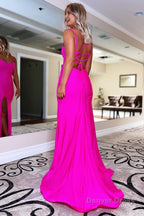 Blue Lace Up Prom Dresses With Slit