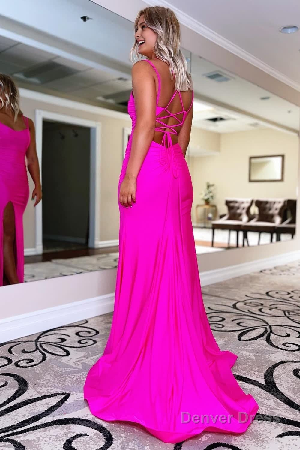 Blue Lace Up Prom Dresses With Slit