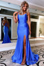 Blue Lace Up Prom Dresses With Slit