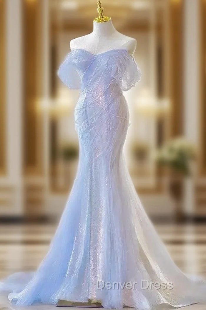 Blue Laser Sequin Beaded Mermaid Women Evening Dresses with Puff Sleeves Tassel Pearls Tulle Train Prom Gown Main image