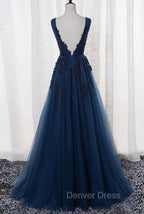 Blue Long A-line Bridesmaid Dresses, Dark Blue Tulle Party Dresses