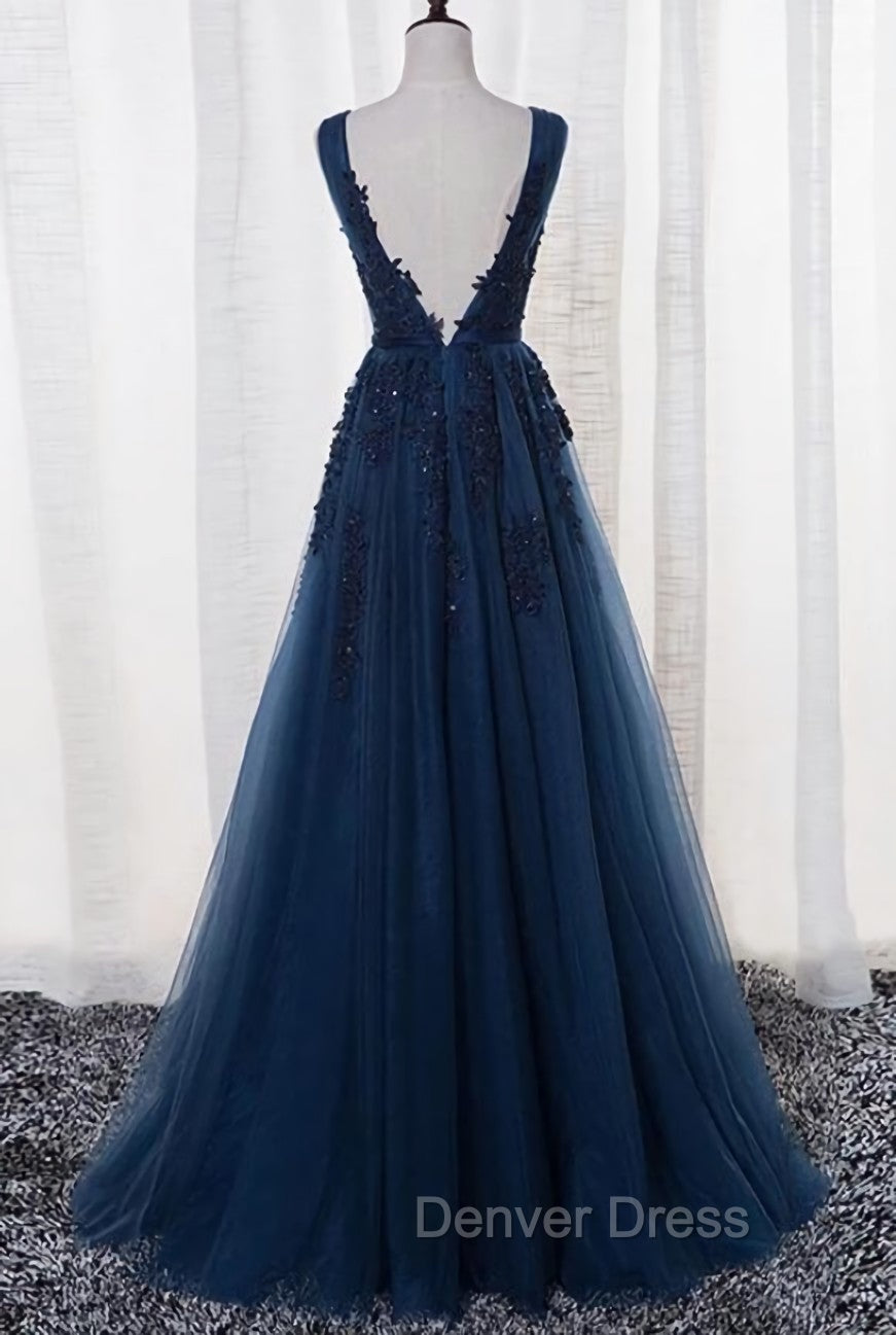 Blue Long A-line Bridesmaid Dresses, Dark Blue Tulle Party Dresses