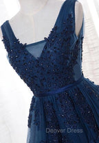 Blue Long A-line Bridesmaid Dresses, Dark Blue Tulle Party Dresses