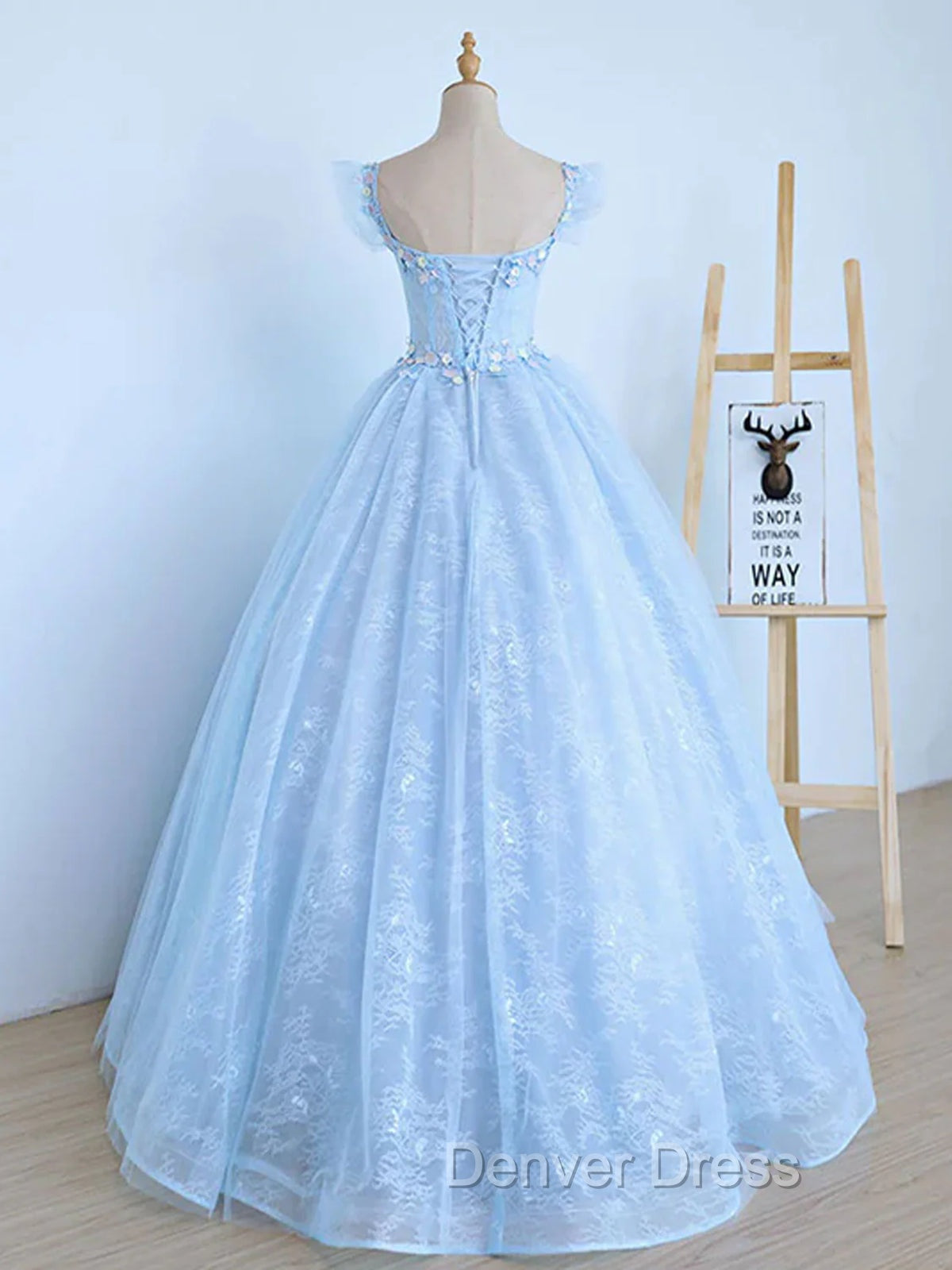 Blue Long Lace Floral Prom Dress, Long Blue Lace Prom Dresses with Flowers