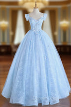 Blue Long Lace Floral Prom Dress, Long Blue Lace Prom Dresses with Flowers