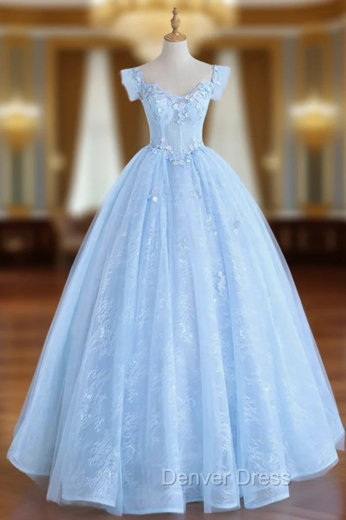 Blue Long Lace Floral Prom Dress, Long Blue Lace Prom Dresses with Flowers