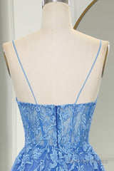 Blue Long Prom Dress Cheap A-Line Formal Dress Tulle With Appliques