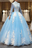 Blue Long Sleeves lace Tulle Sweet 16 Dresses, Light Blue Ball Gown Formal Dresses, Party Dresses