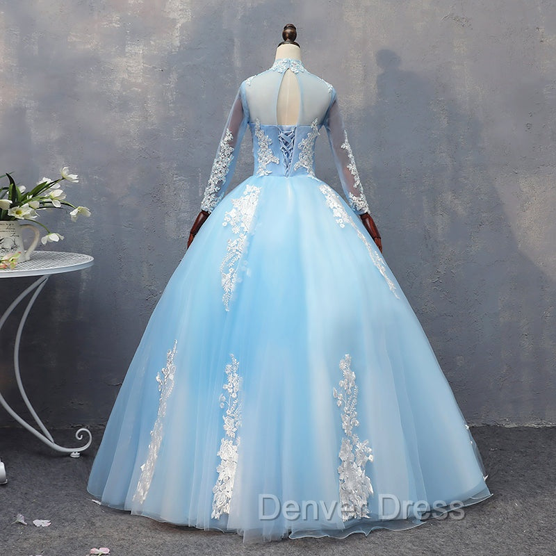 Blue Long Sleeves lace Tulle Sweet 16 Dresses, Light Blue Ball Gown Formal Dresses, Party Dresses