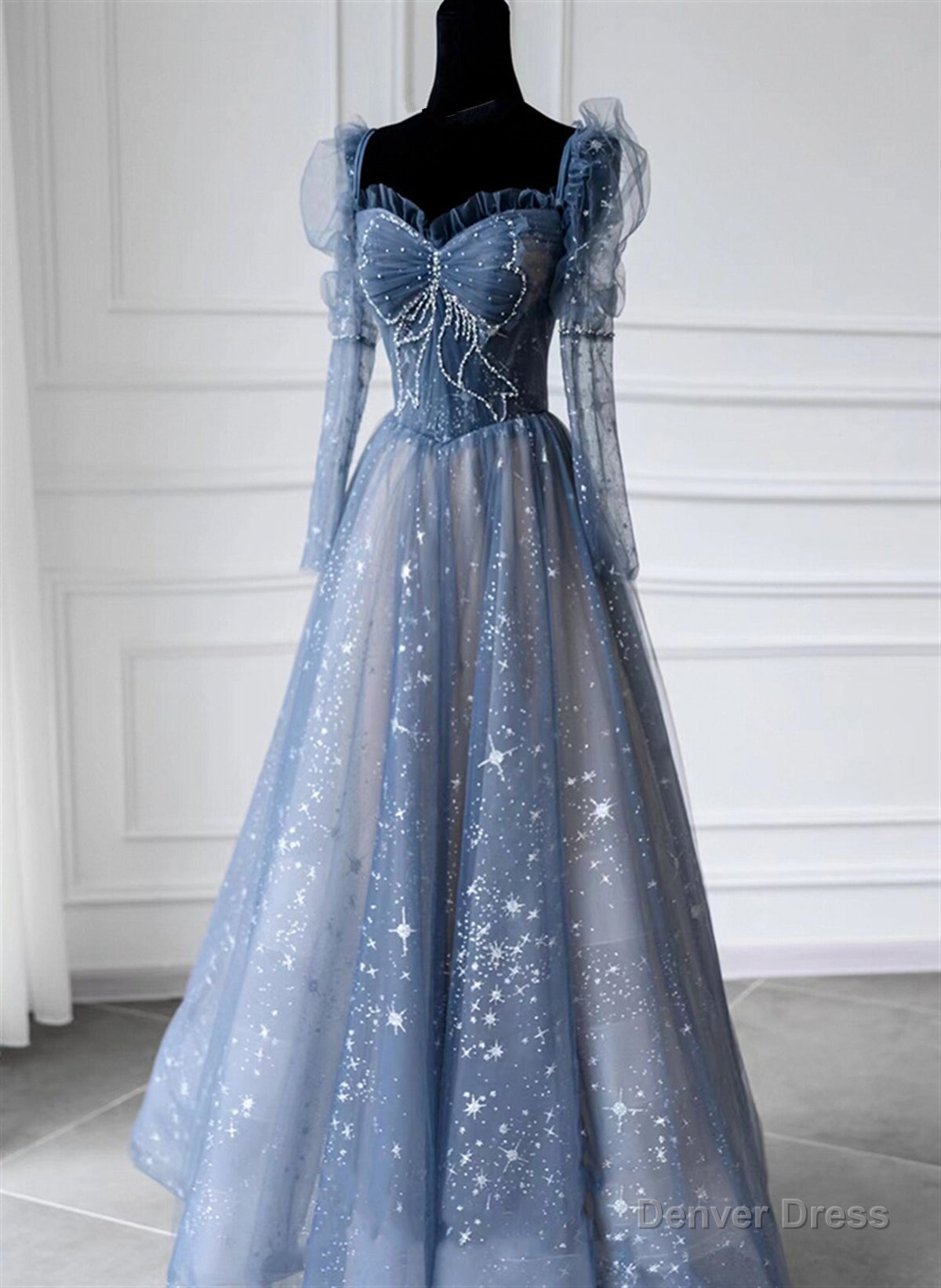 Blue Long Sleeves Sweetheart Beaded Tulle Formal Dress, Blue A-line Prom Dress Secondary image