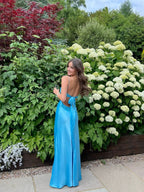 Blue Long Straps Sweetheart Prom Dress Prom Dress, Blue Satin Prom Dresses