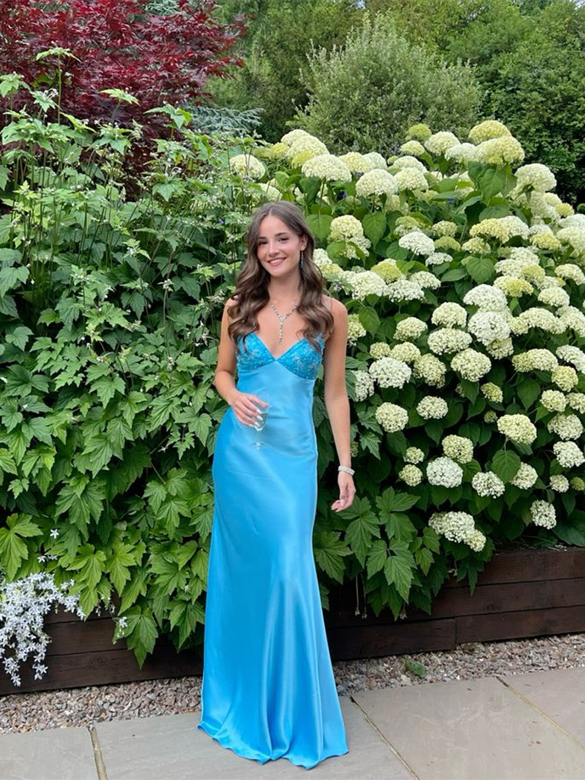 Blue Long Straps Sweetheart Prom Dress Prom Dress, Blue Satin Prom Dresses Main image