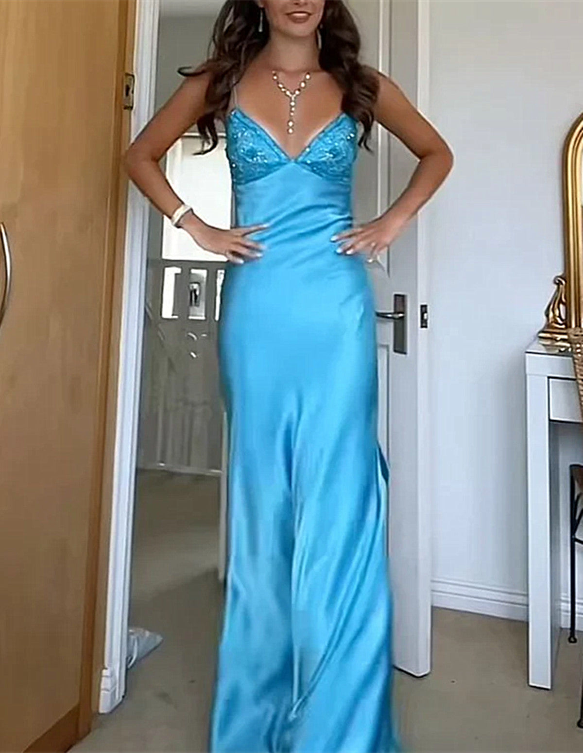 Blue Long Straps Sweetheart Prom Dress Prom Dress, Blue Satin Prom Dresses