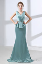 Blue Mermaid Satin V Neck Backless Prom Dresses With Sash
